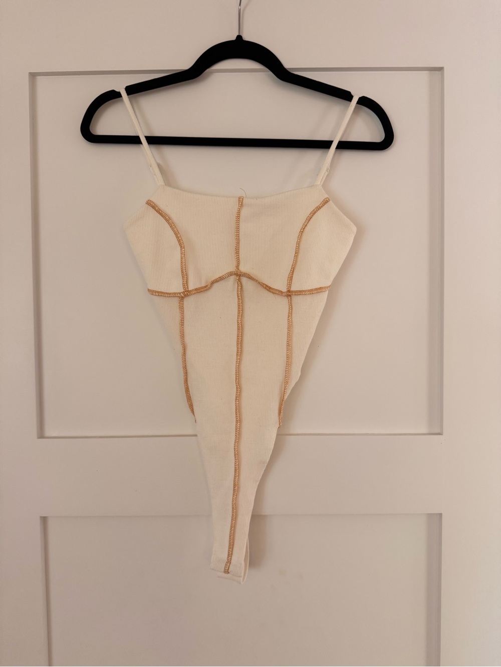 12th Tribe Cream Ribbed Contrast-Stitch Cami Bodysuit